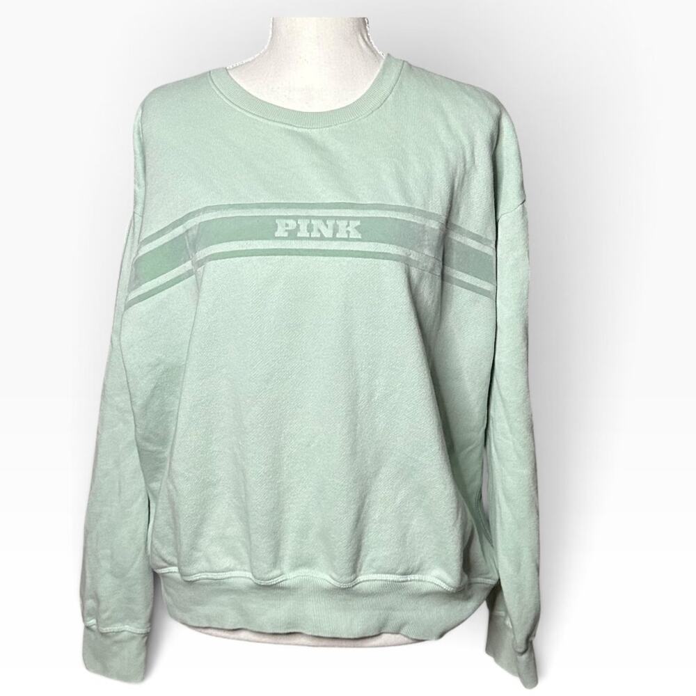 PINK Victoria's Secret L mint green striped logo crewneck sweatshirt relaxed fit